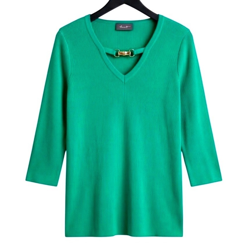Chico's Travelers 0 Green Ribbed V-Neck Top Hardware Accent Small‎ Slinky Liquid